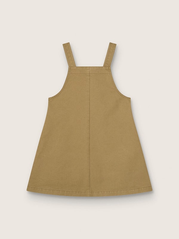 Abito salopette da bambina in cotone beige con ricamo