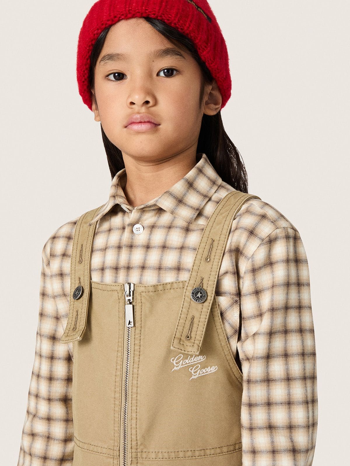 Golden Goose - Abito salopette da bambina in cotone beige con ricamo in 