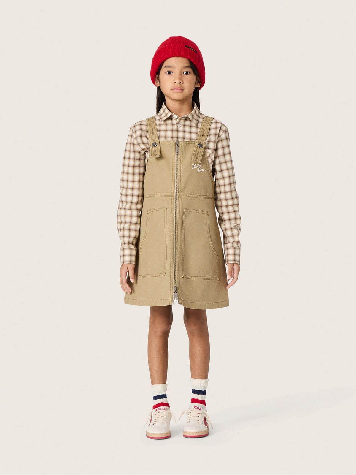 Golden Goose - Abito salopette da bambina in cotone beige con ricamo in 