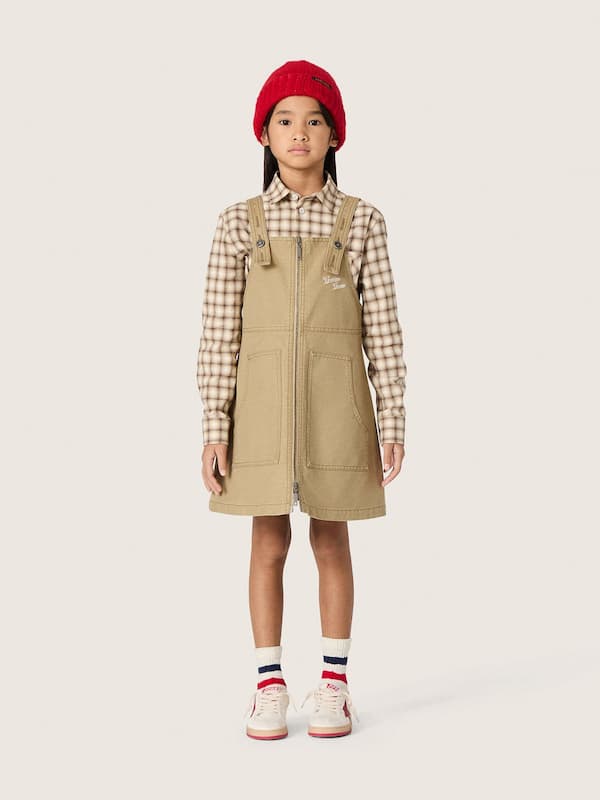 Golden Goose - Abito salopette da bambina in cotone beige con ricamo in 