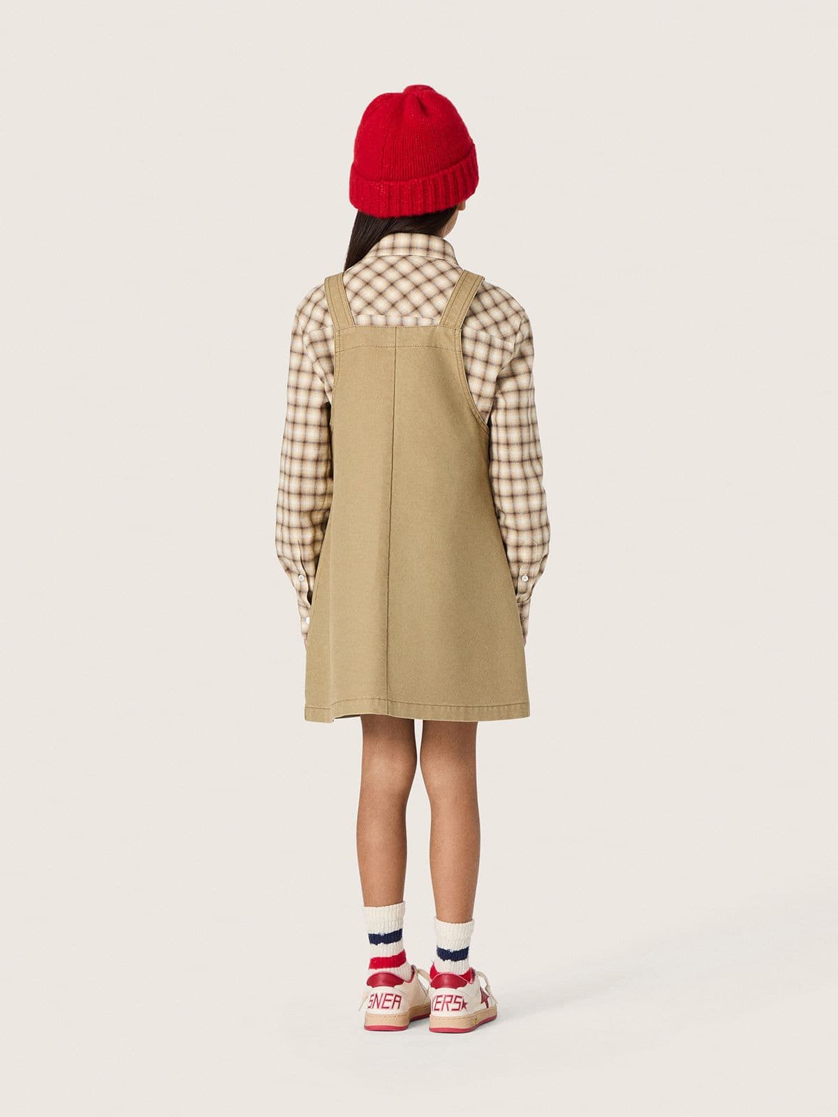 Golden Goose - Abito salopette da bambina in cotone beige con ricamo in 