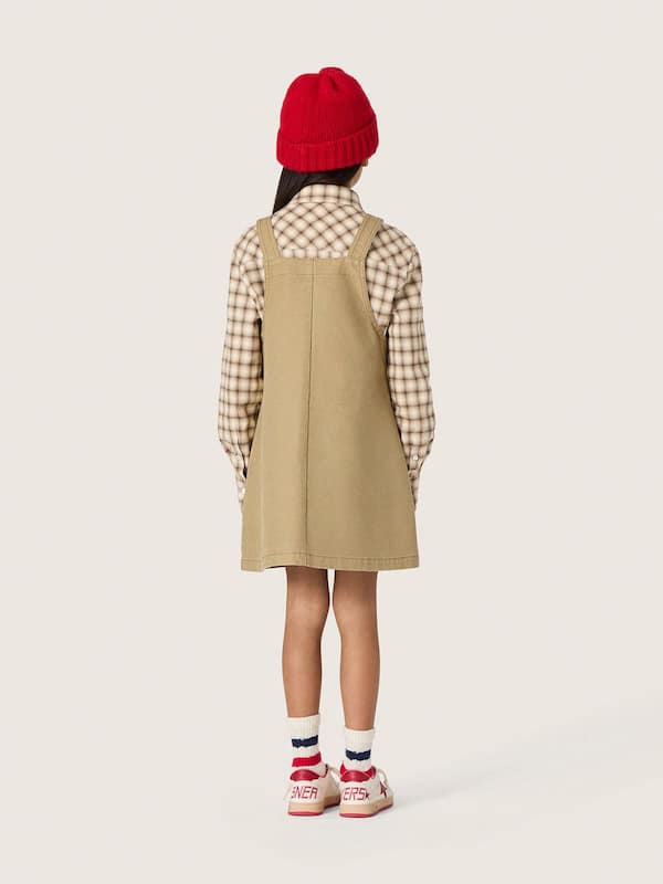 Golden Goose - Abito salopette da bambina in cotone beige con ricamo in 