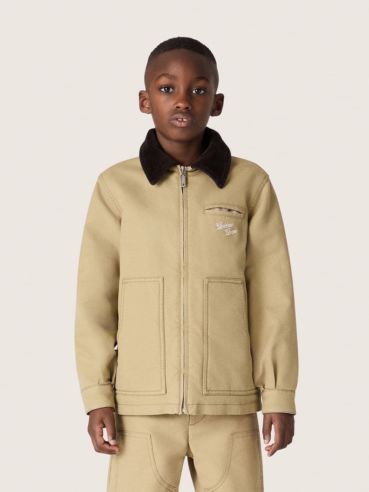 Golden Goose - Chaqueta acolchada infantil de algod&oacute;n beige con bordado y parche in 