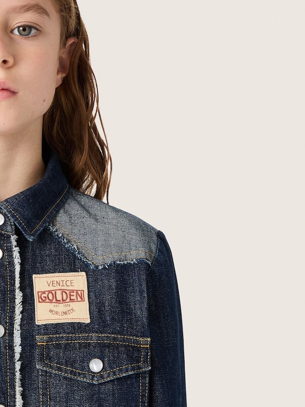 Girls' blue chambray shirt dress with reverse details and embroidered logo