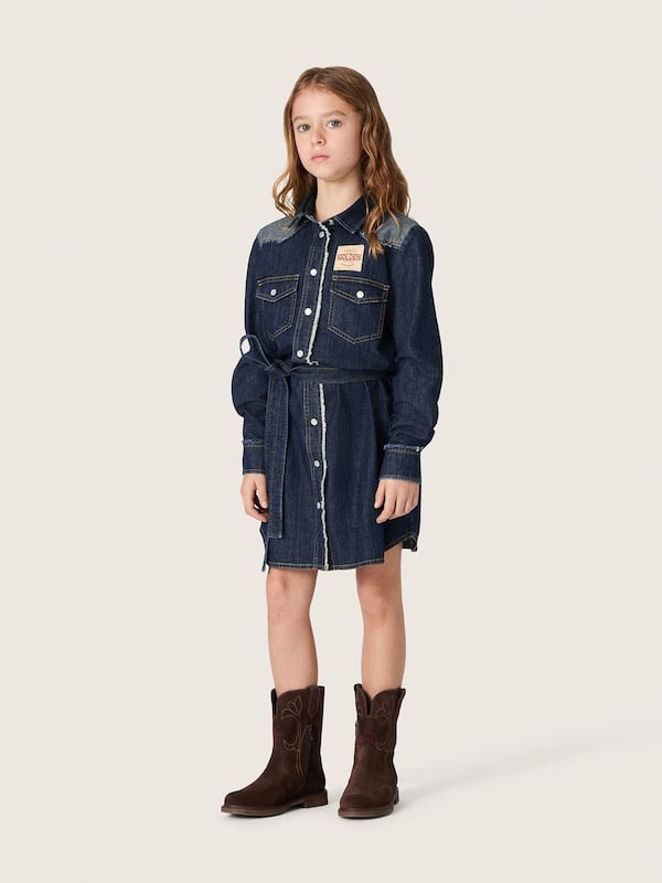 Golden Goose - Blaues M&auml;dchen-Hemdblusenkleid aus Chambray mit Reversdetails und Sticklogo in 