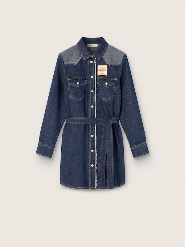 Golden Goose - Blaues M&auml;dchen-Hemdblusenkleid aus Chambray mit Reversdetails und Sticklogo in 