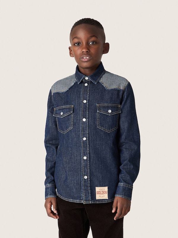 Golden Goose - Blaues Kinderhemd aus Chambray mit Envers-Details und Sticklogo in 