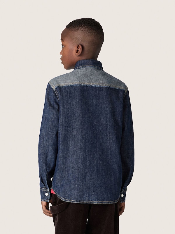 Golden Goose - Blaues Kinderhemd aus Chambray mit Envers-Details und Sticklogo in 