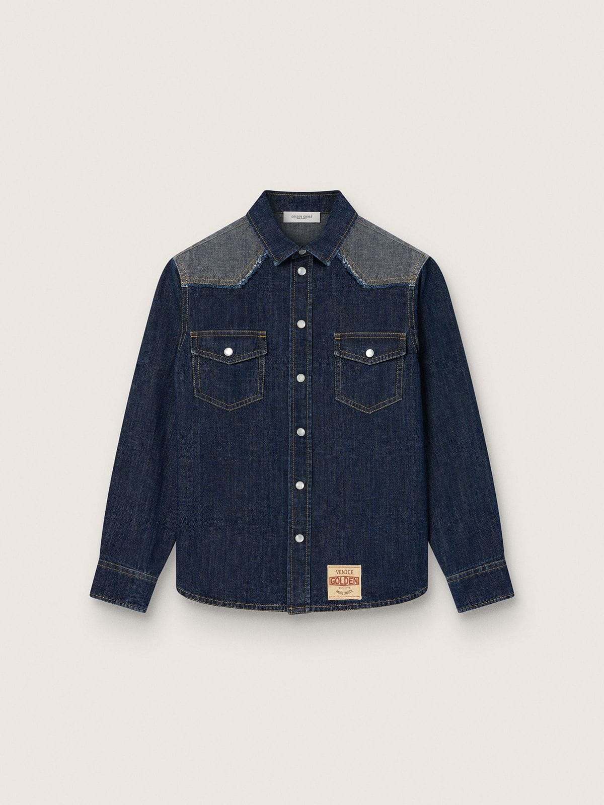 Golden Goose - Blaues Kinderhemd aus Chambray mit Envers-Details und Sticklogo in 