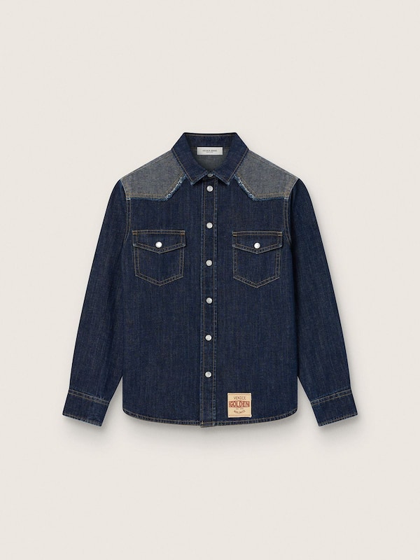 Golden Goose - Blaues Kinderhemd aus Chambray mit Envers-Details und Sticklogo in 