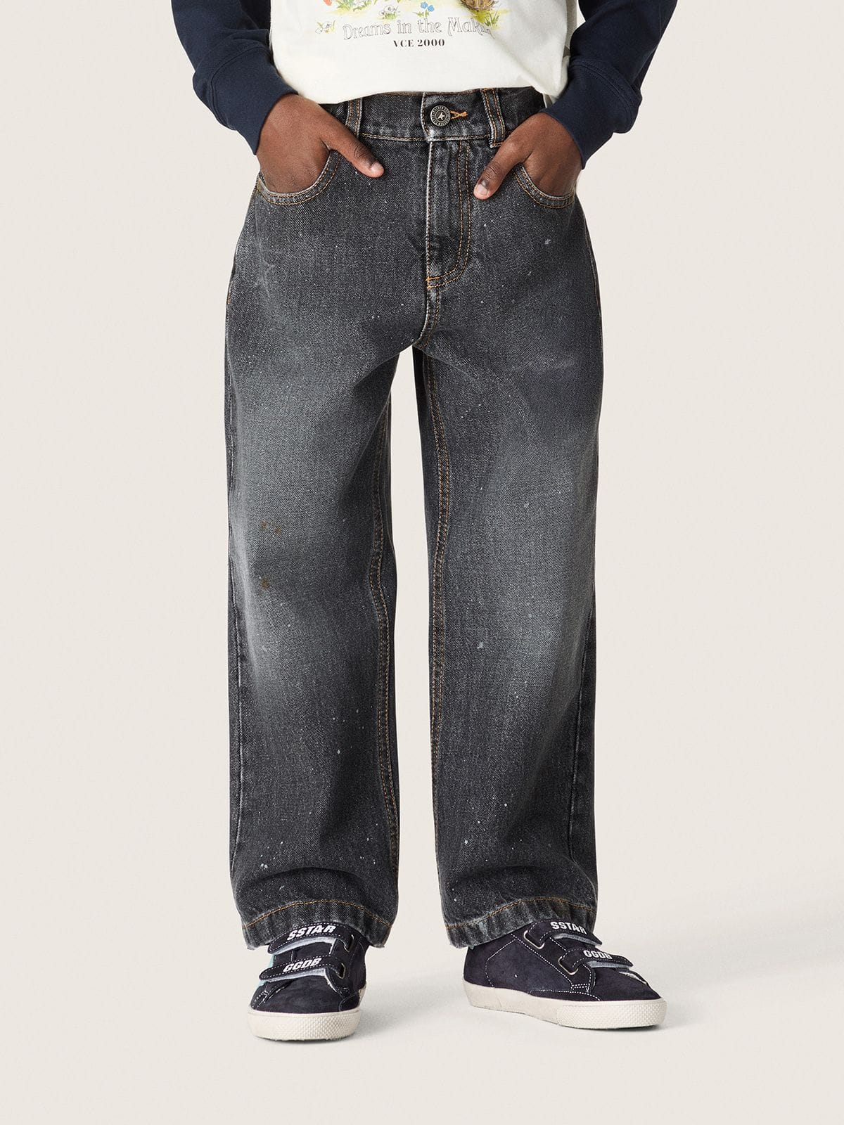 Golden Goose - Vaqueros de ni&ntilde;o con pernera recta de algod&oacute;n gris con efecto manchado in 