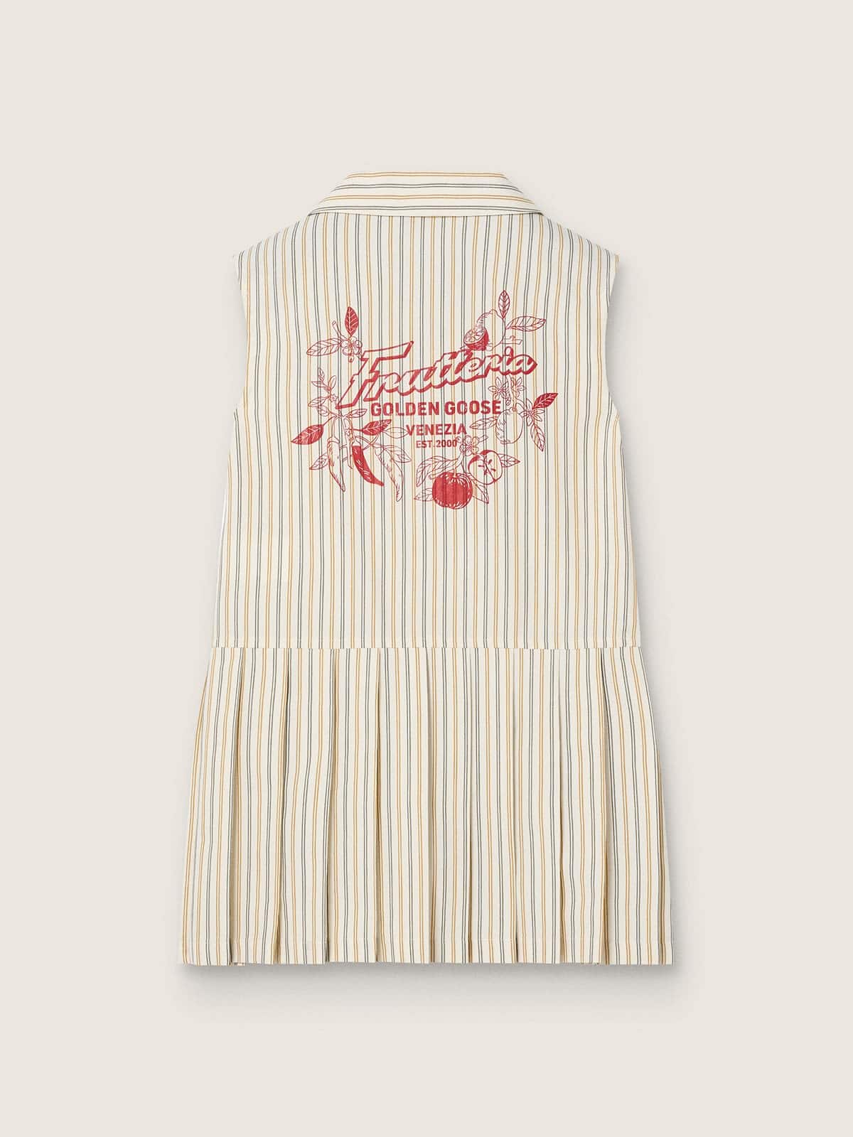 Vestido camisero sin mangas para ni&ntilde;a de rayas de color crudo, beige y gris