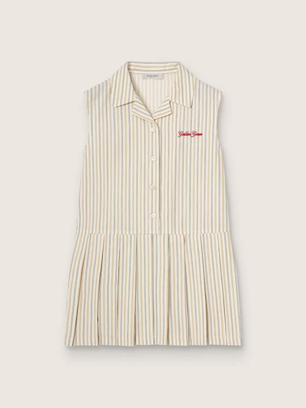 Abito chemisier da bambina smanicato a righe color ecr&ugrave;, beige e grigio