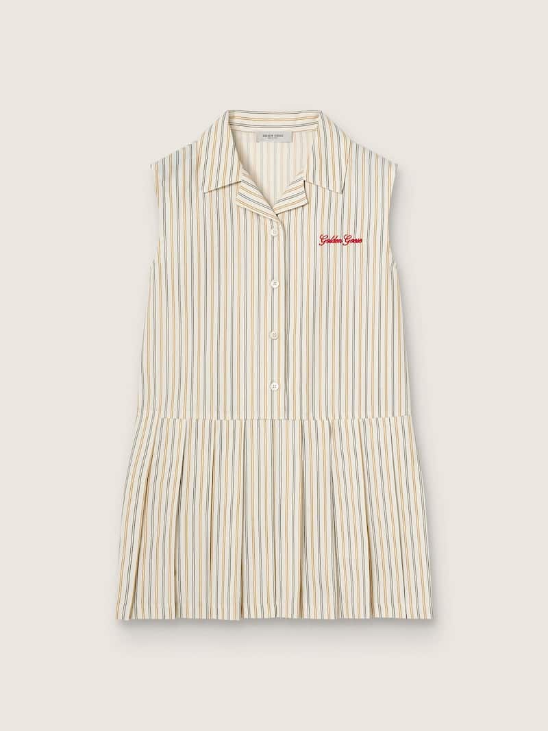 Vestido camisero sin mangas para ni&ntilde;a de rayas de color crudo, beige y gris