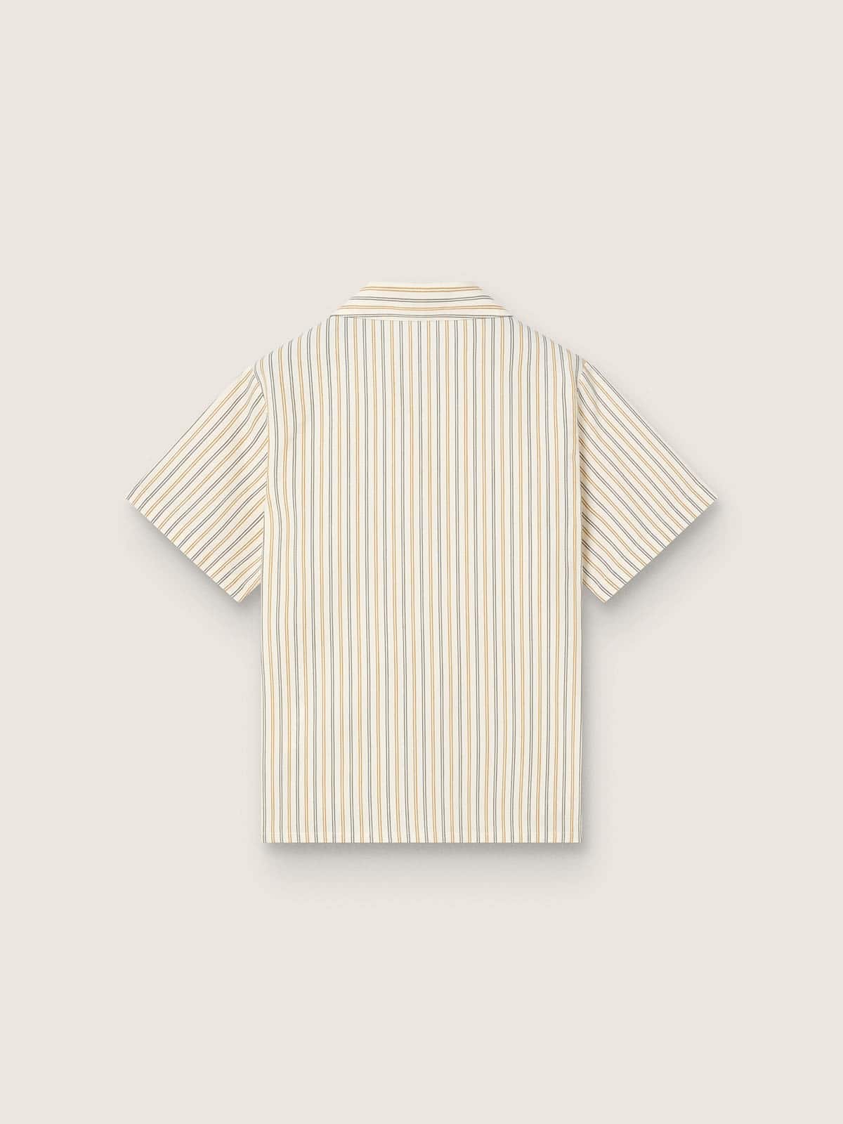 Golden Goose - Camicia da bambino a righe color ecr&ugrave;, beige e grigio con ricamo Frutteria Golden in 