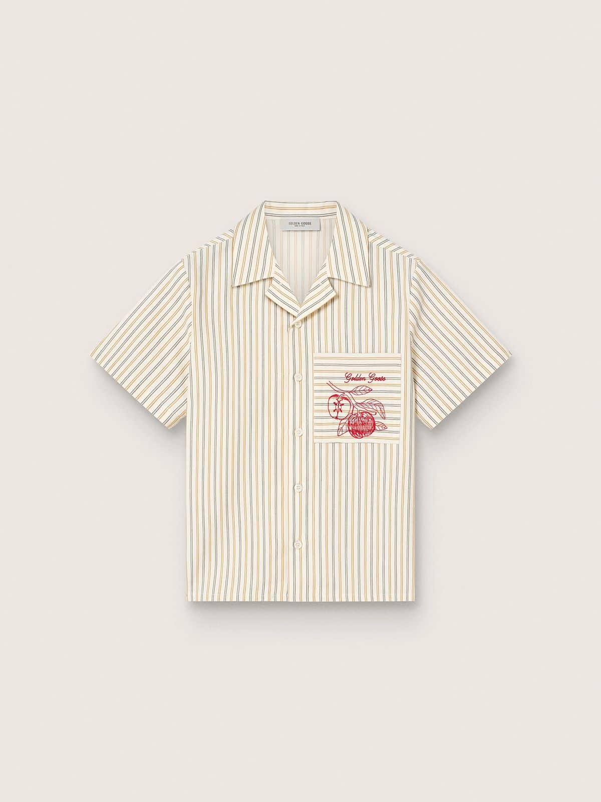 Golden Goose - Camicia da bambino a righe color ecr&ugrave;, beige e grigio con ricamo Frutteria Golden in 