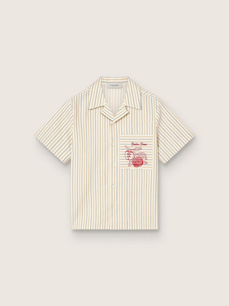 Camicia da bambino a righe color ecr&ugrave;, beige e grigio con ricamo Frutteria Golden