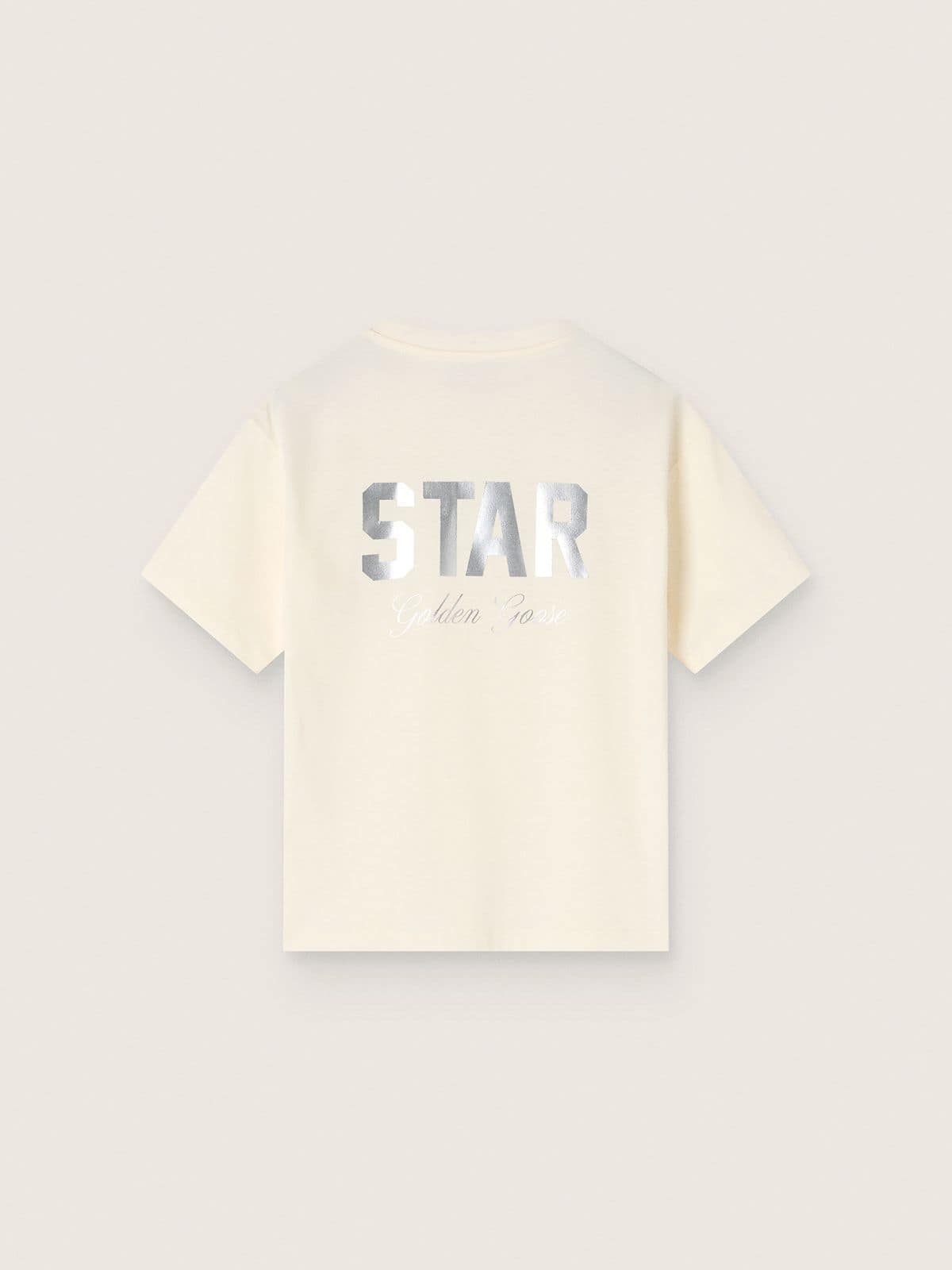 Kids' white cotton T-shirt with silver print