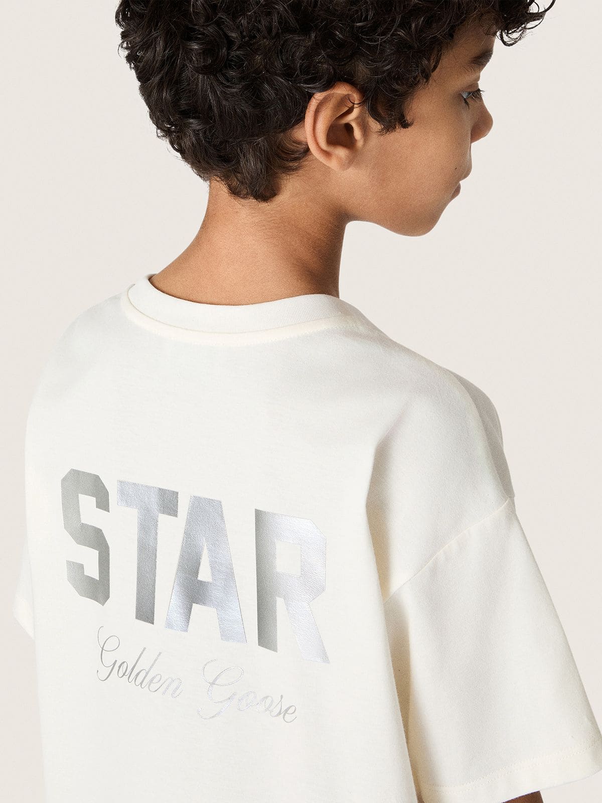 Golden Goose - Kinder-T-Shirt aus wei&szlig;er Baumwolle mit silberfarbenem Print in 