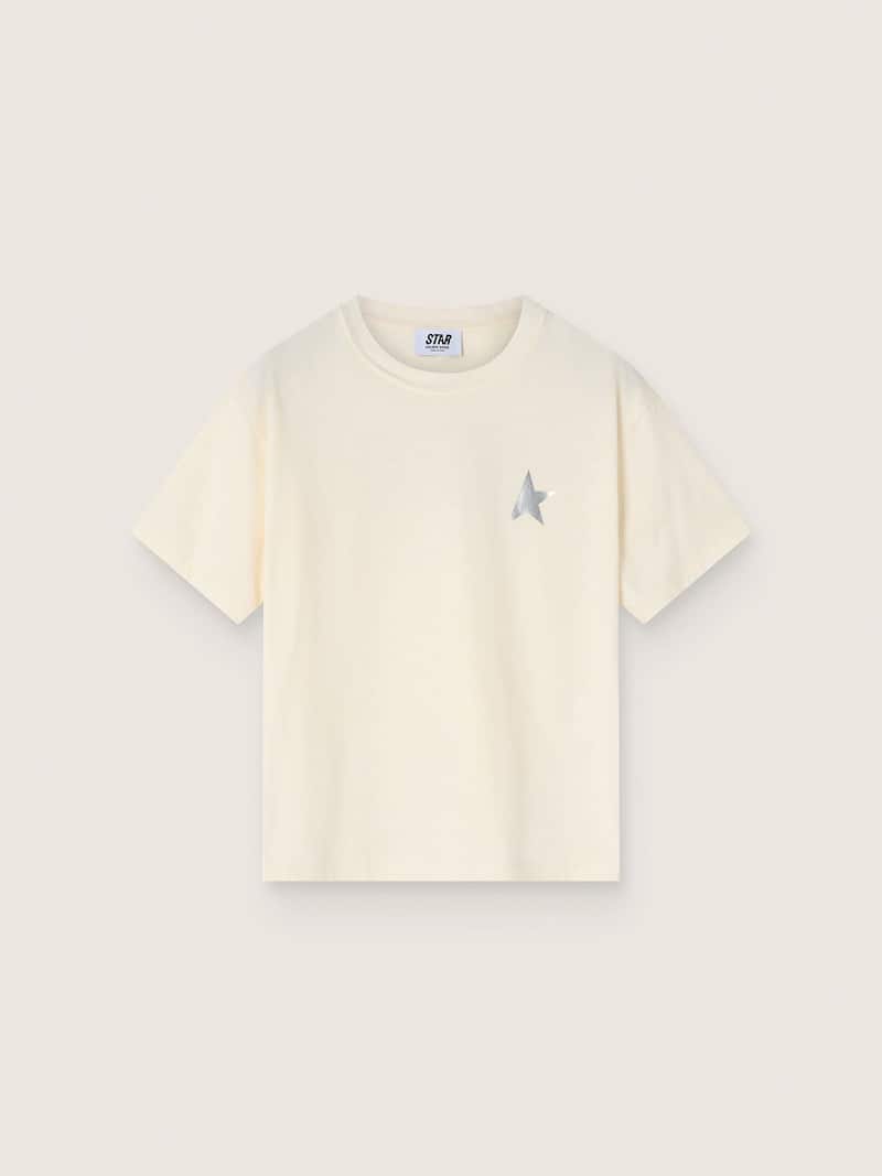 Kids' white cotton T-shirt with silver print