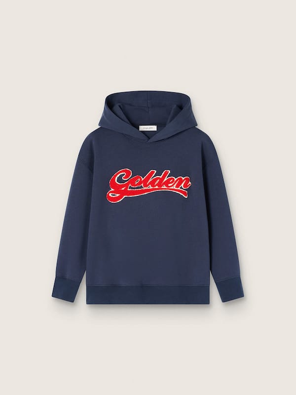Felpa kids con cappuccio in cotone blu e ricamo
