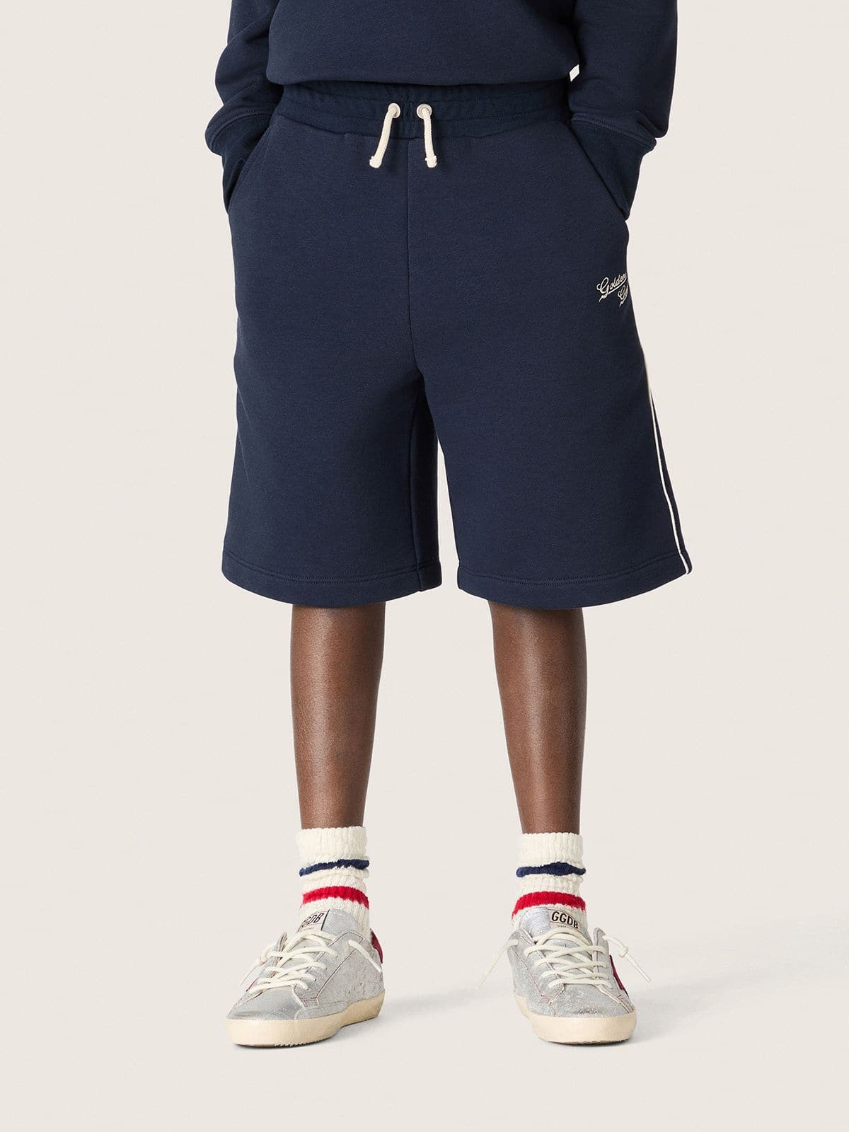 Golden Goose - Pantaloncini kids in cotone blu con piping a contrasto in 