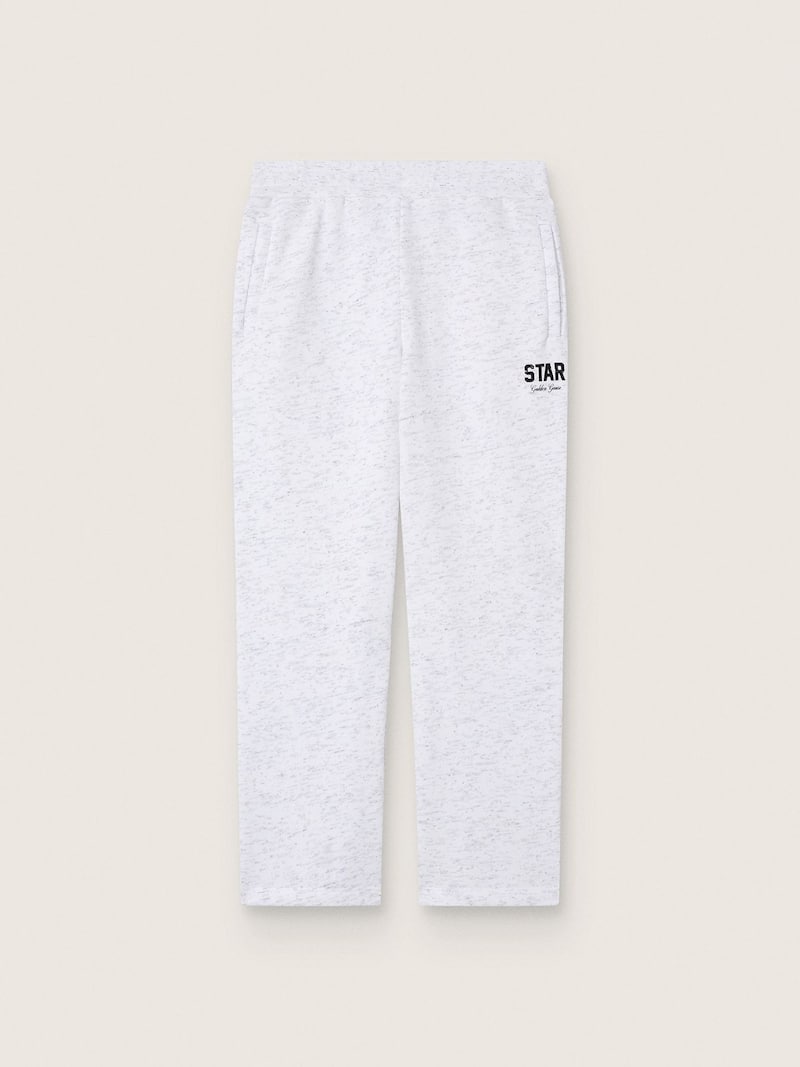Boys' sweatpants in gray melange cotton fleece with print and logo