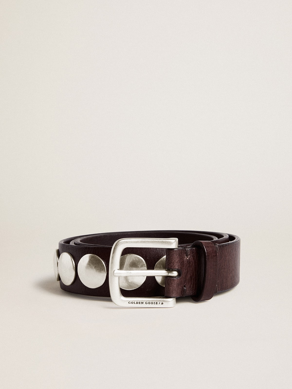 Trinidad belt in dark brown leather with silver maxi studs | Golden Goose