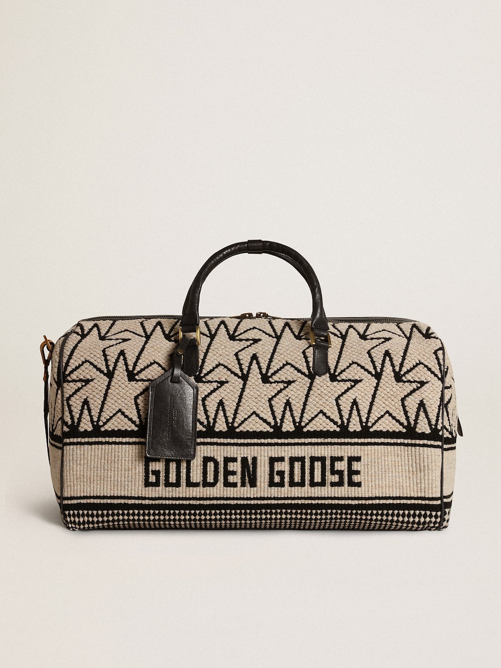 Golden Goose - Duffle bag homme en laine jacquard blanc de lait et inscription noire in 