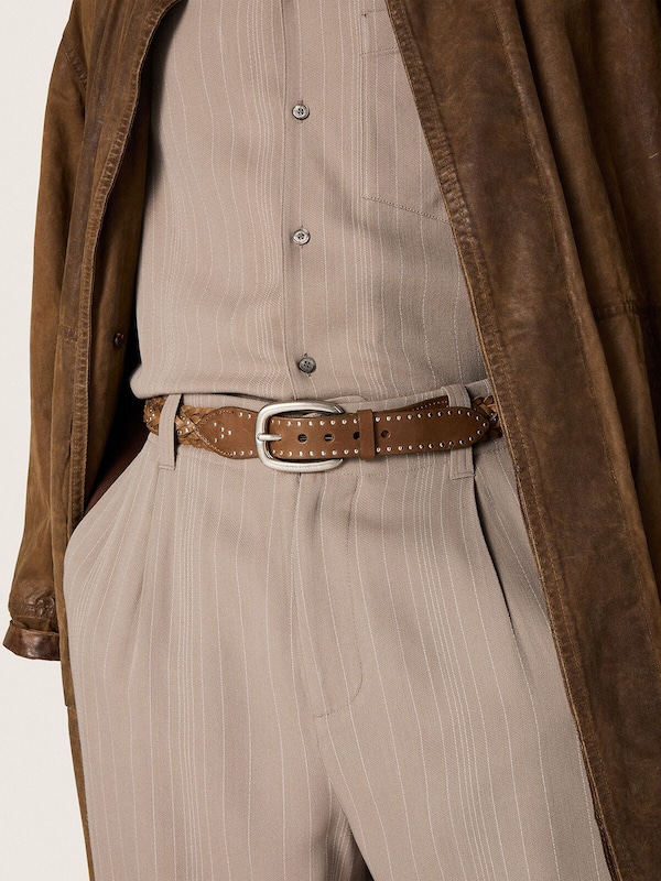 Houston belt in khaki woven leather with silver studs