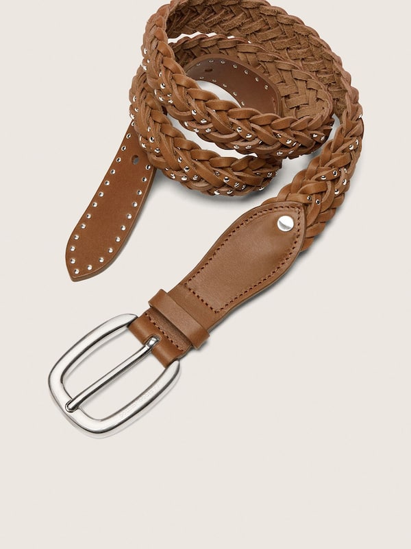 Houston belt in khaki woven leather with silver studs
