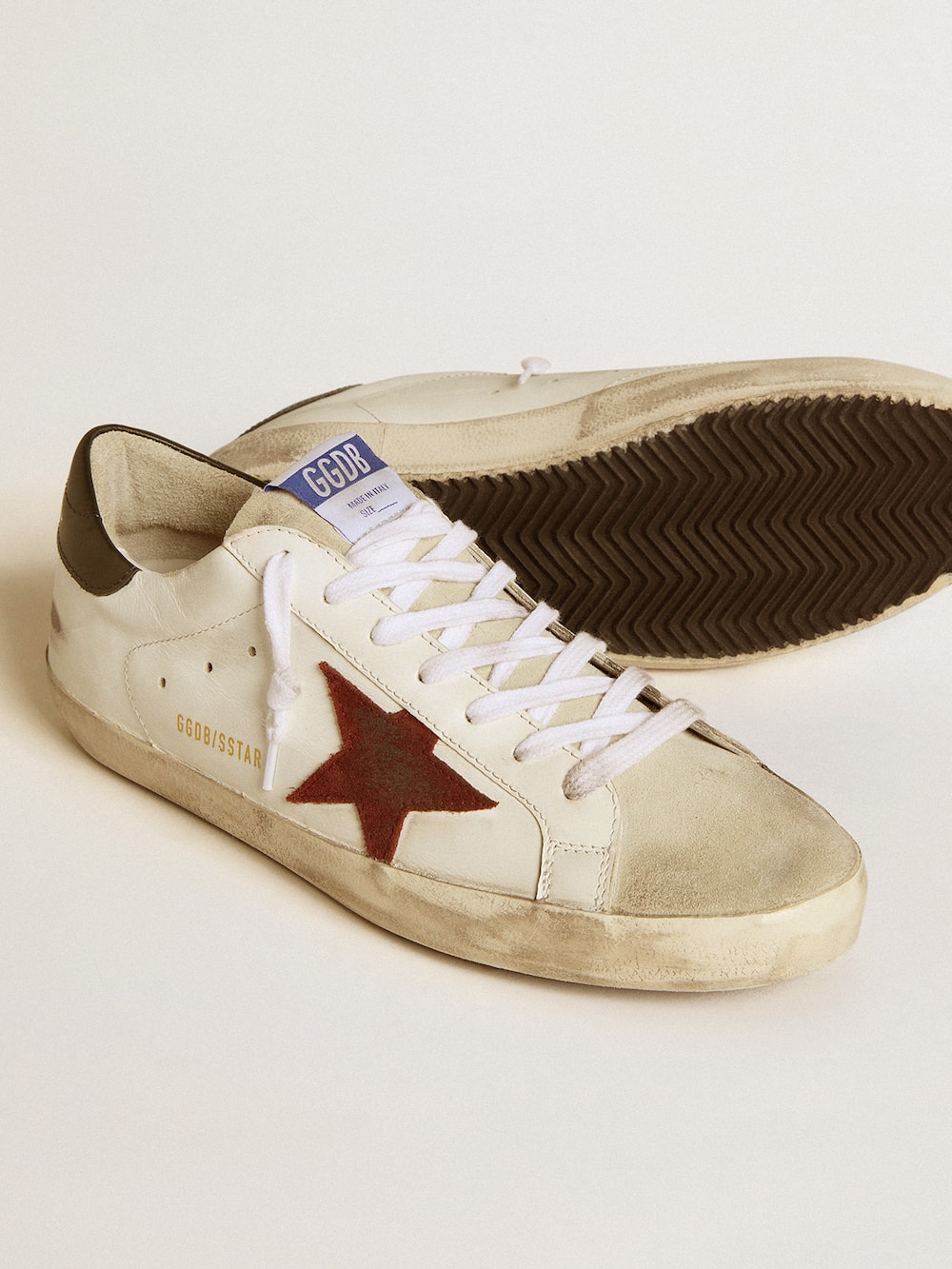 Golden Goose - Men's Super-Star with earth-brown suede star and dark green leather heel tab in 