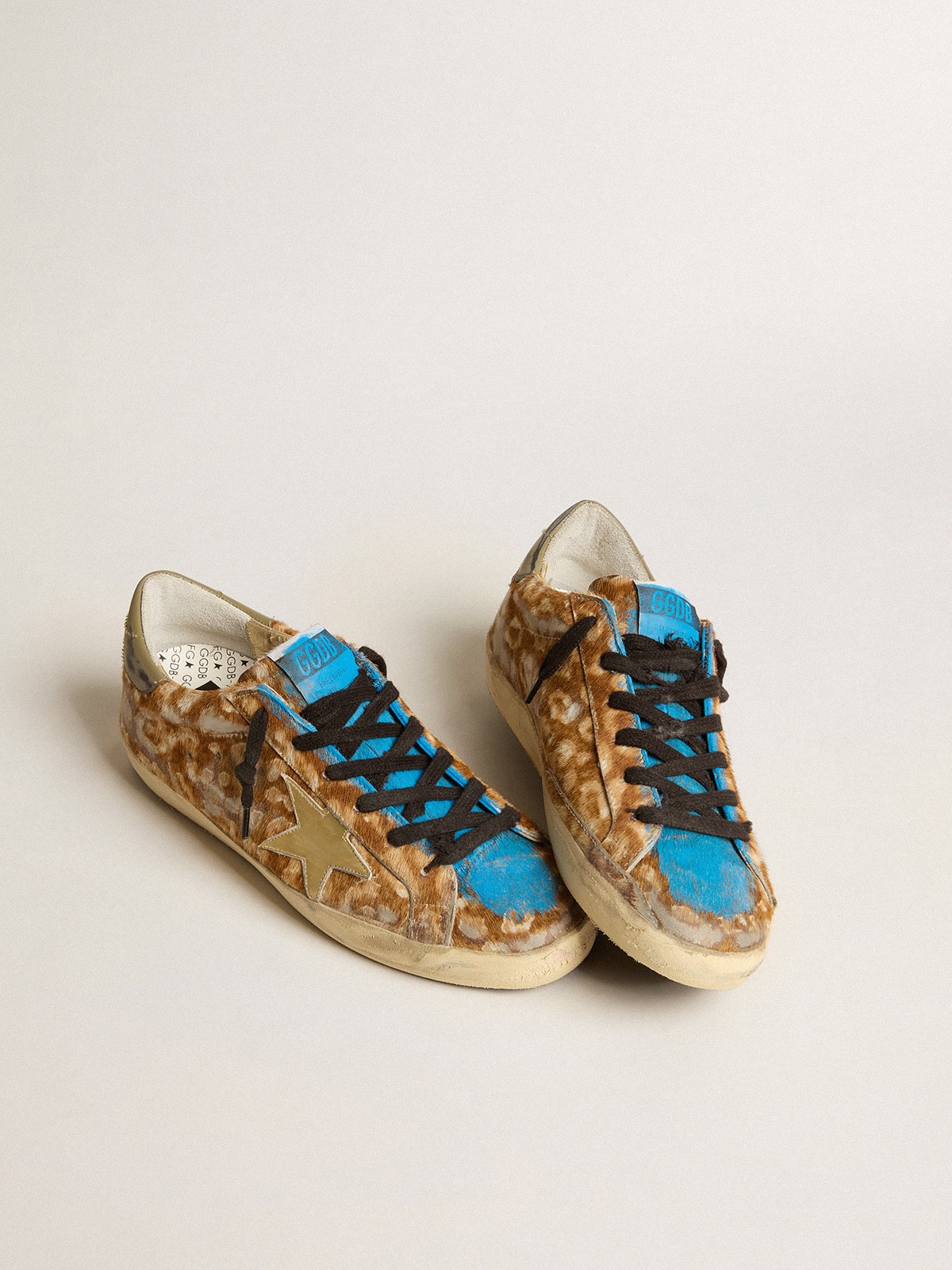 Golden Goose - Men’s Super-Star LAB in leopard pony skin with gold star and gray heel tab in 