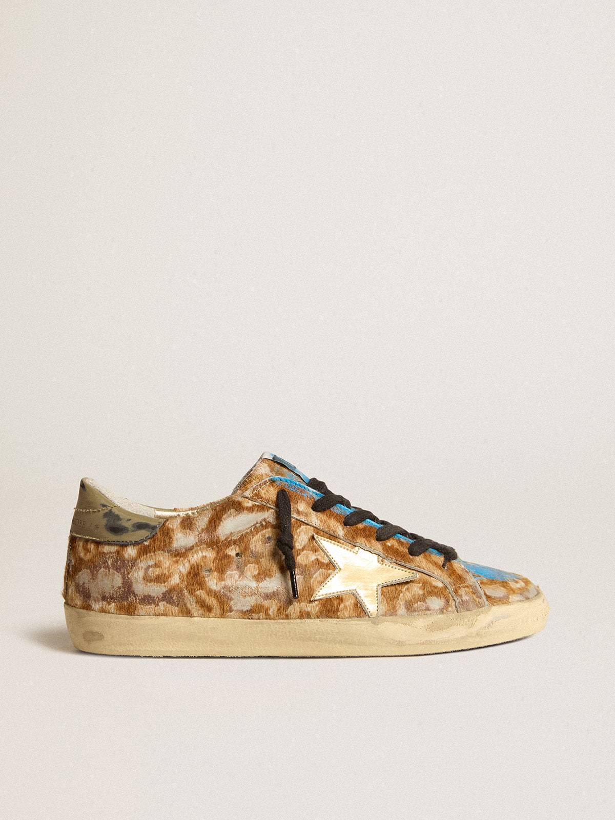 Men’s Super-Star LAB in leopard pony skin with gold star and gray heel tab