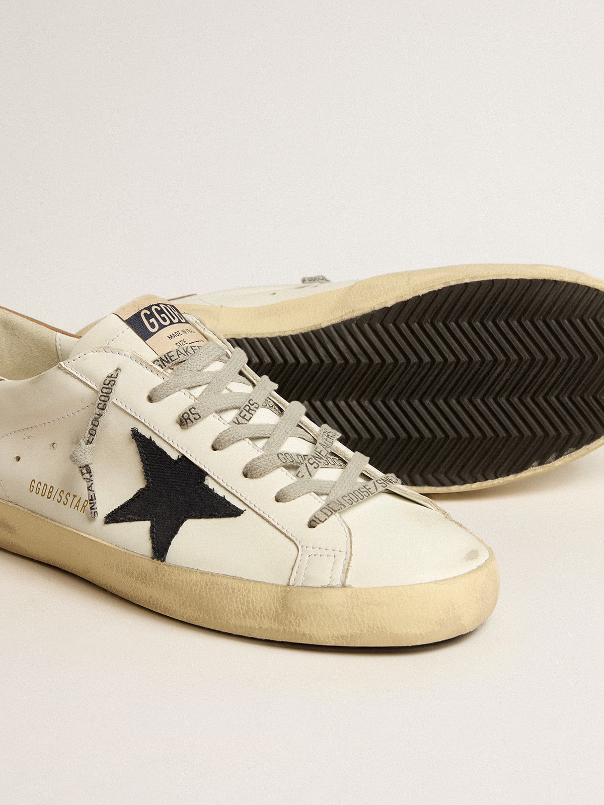 Golden Goose - Men's Super-Star with blue canvas star and tobacco leather heel tab in 