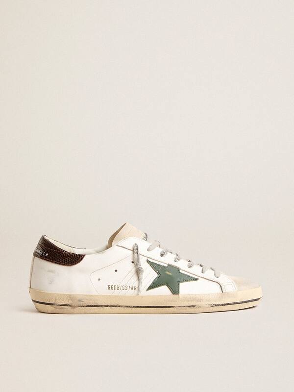 Golden Goose - Men’s Super-Star in white leather with green star and animal-print heel tab in 