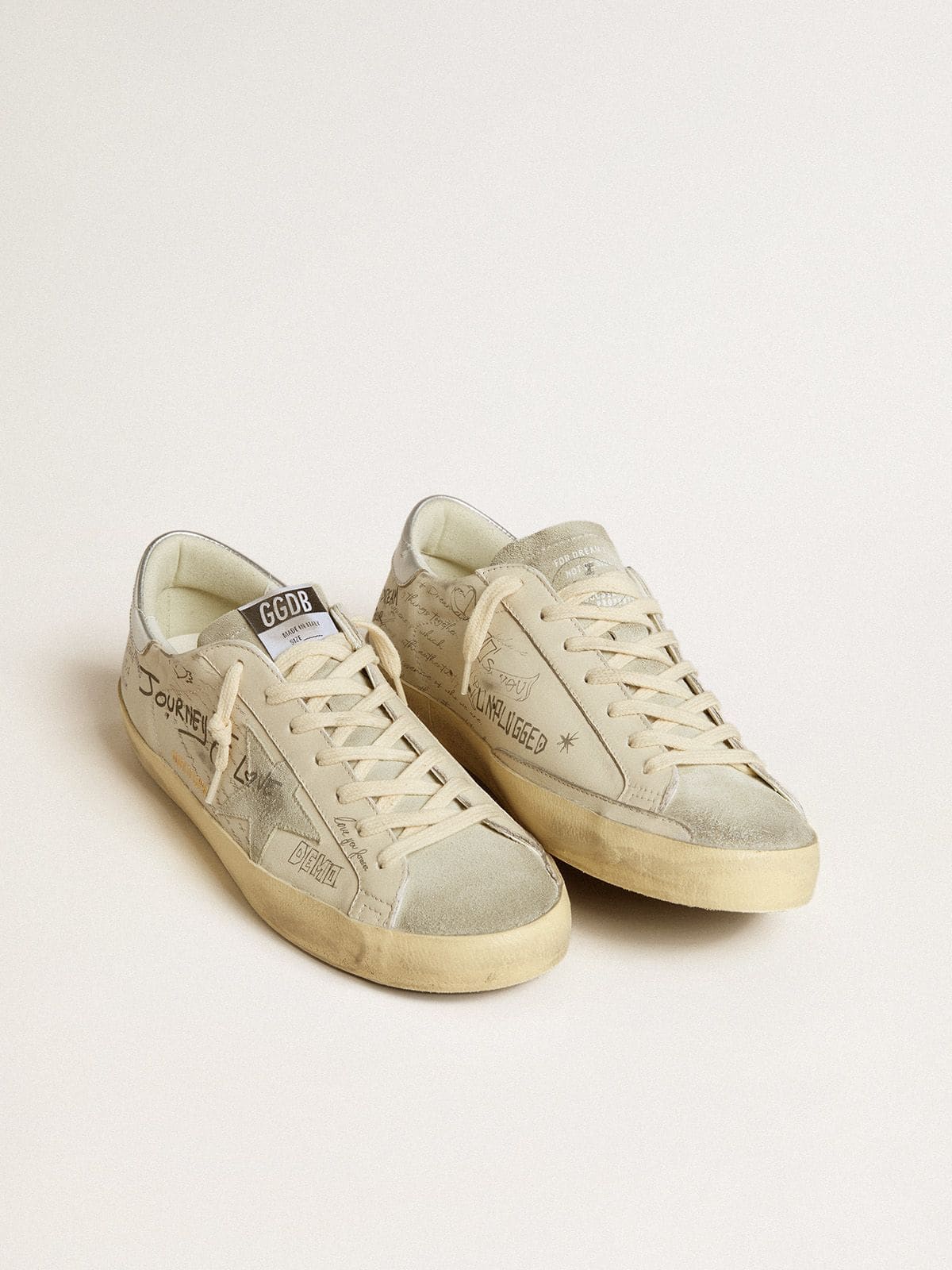 Golden Goose - Men's Super-Star LTD in white leather with all-over lettering and ice-gray suede star in 