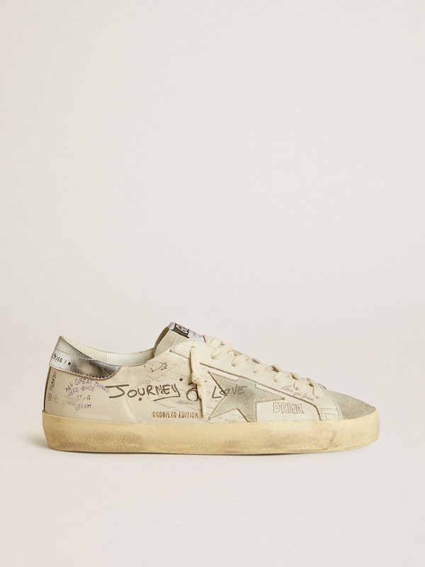 Golden Goose - Men's Super-Star LTD in white leather with all-over lettering and ice-gray suede star in 