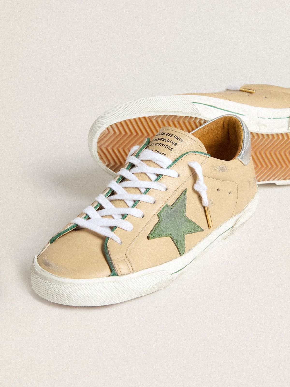 Golden Goose - Super-Star LTD in beige leather with green suede star and silver foiled leather heel tab in 