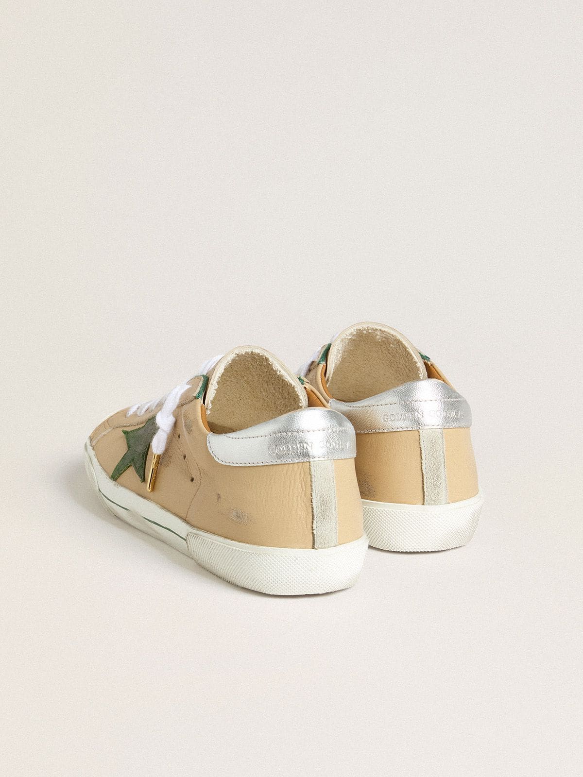 Golden Goose - Super-Star LTD in beige leather with green suede star and silver foiled leather heel tab in 