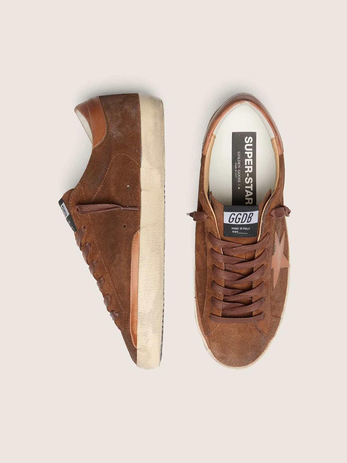 Men&rsquo;s Super-Star LTD in brown suede with brick-red leather star and embroidery with green beads