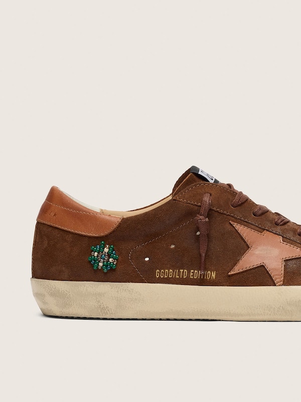 Golden Goose - Men&rsquo;s Super-Star LTD in brown suede with brick-red leather star and embroidery with green beads in 