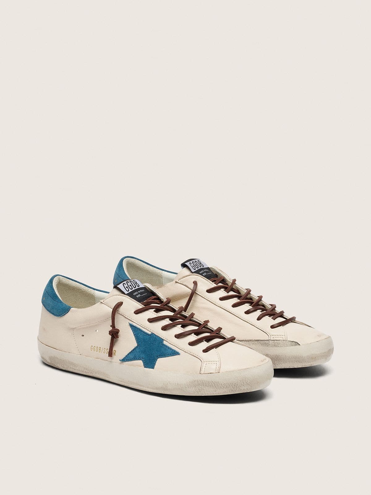 Golden Goose - Super-Star masculino de couro branco com estrela de suede azul-turquesa in 
