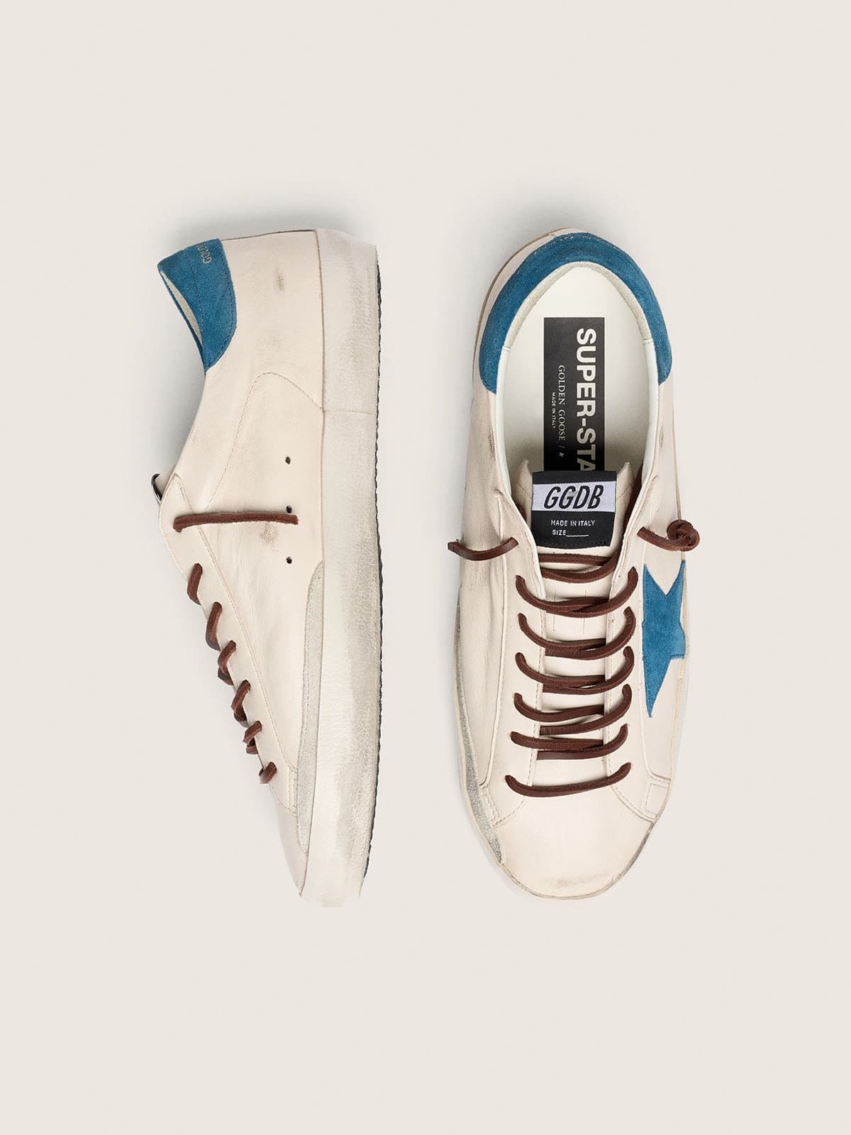Golden Goose - Super-Star masculino de couro branco com estrela de suede azul-turquesa in 