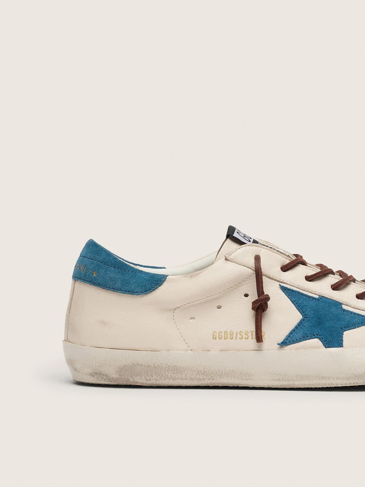 Golden Goose - Super-Star masculino de couro branco com estrela de suede azul-turquesa in 
