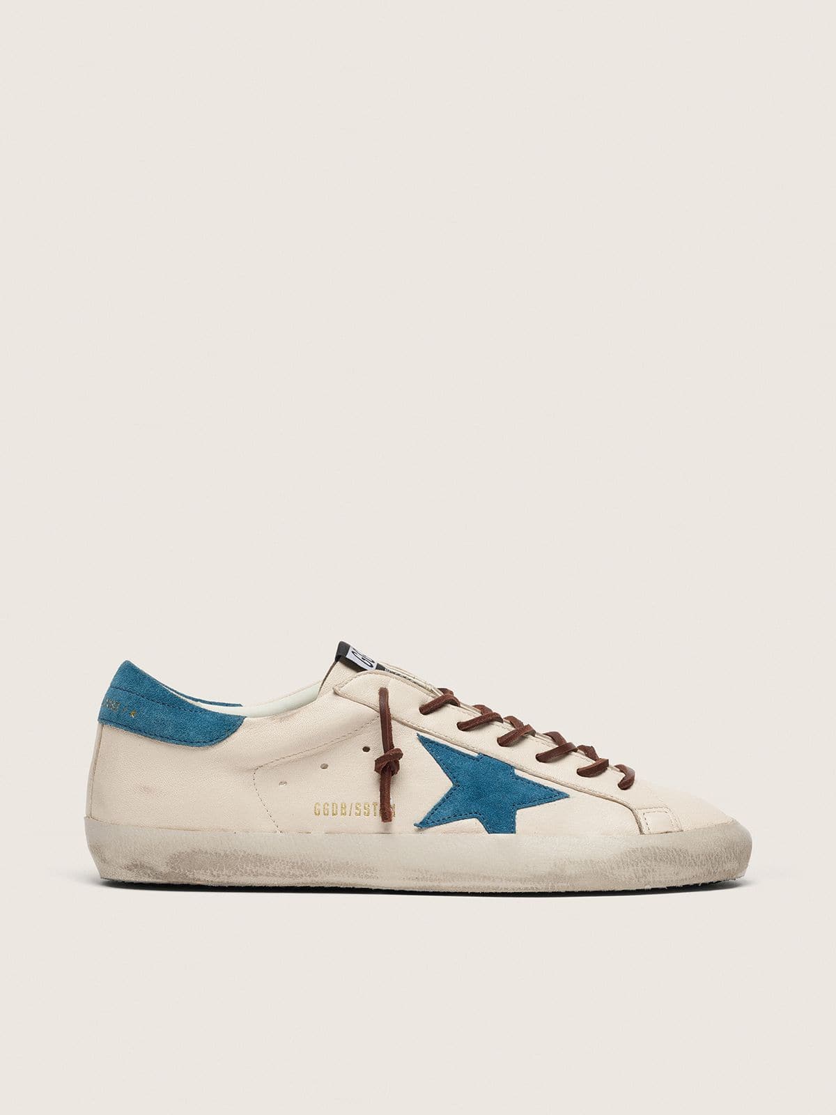 Golden Goose - Super-Star masculino de couro branco com estrela de suede azul-turquesa in 