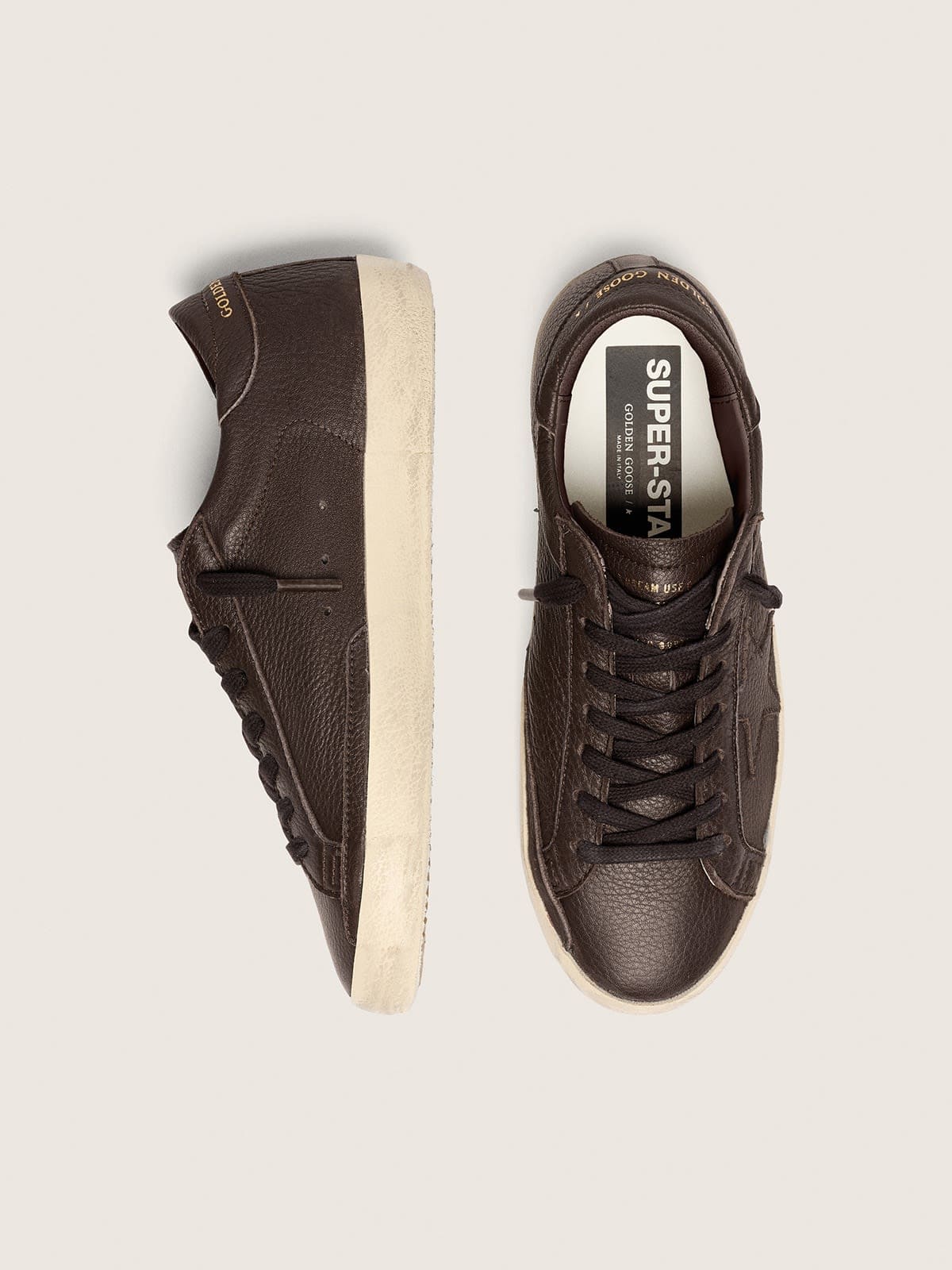 Super-Star pour homme en cuir marron fonc&eacute; avec &eacute;toile en cuir ton sur ton