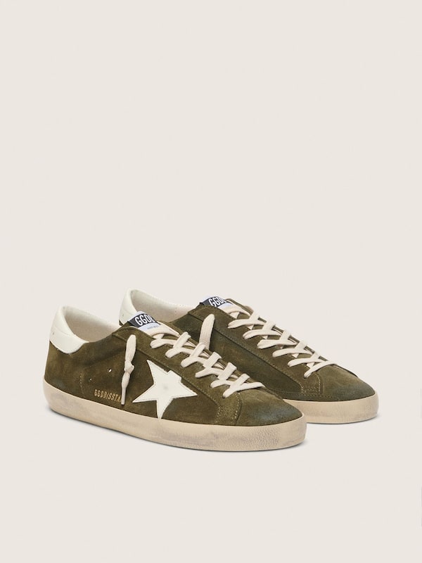 Super-Star homme en cuir velours vert olive avec &eacute;toile en cuir blanc