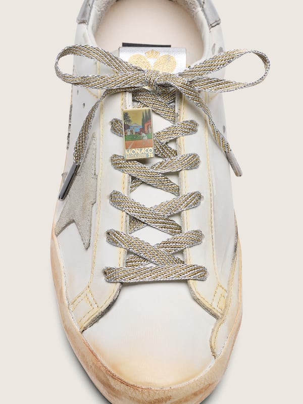 Super-Star uomo tennis-inspired in pelle bianca con stella in suede grigio