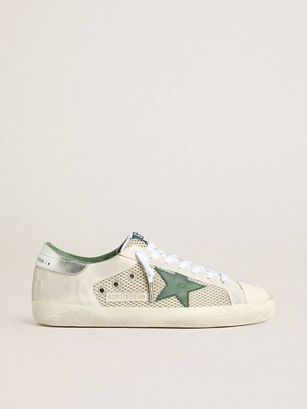 Golden Goose - Men’s Super-Star LTD in white suede and mesh with green leather star and silver heel tab in 